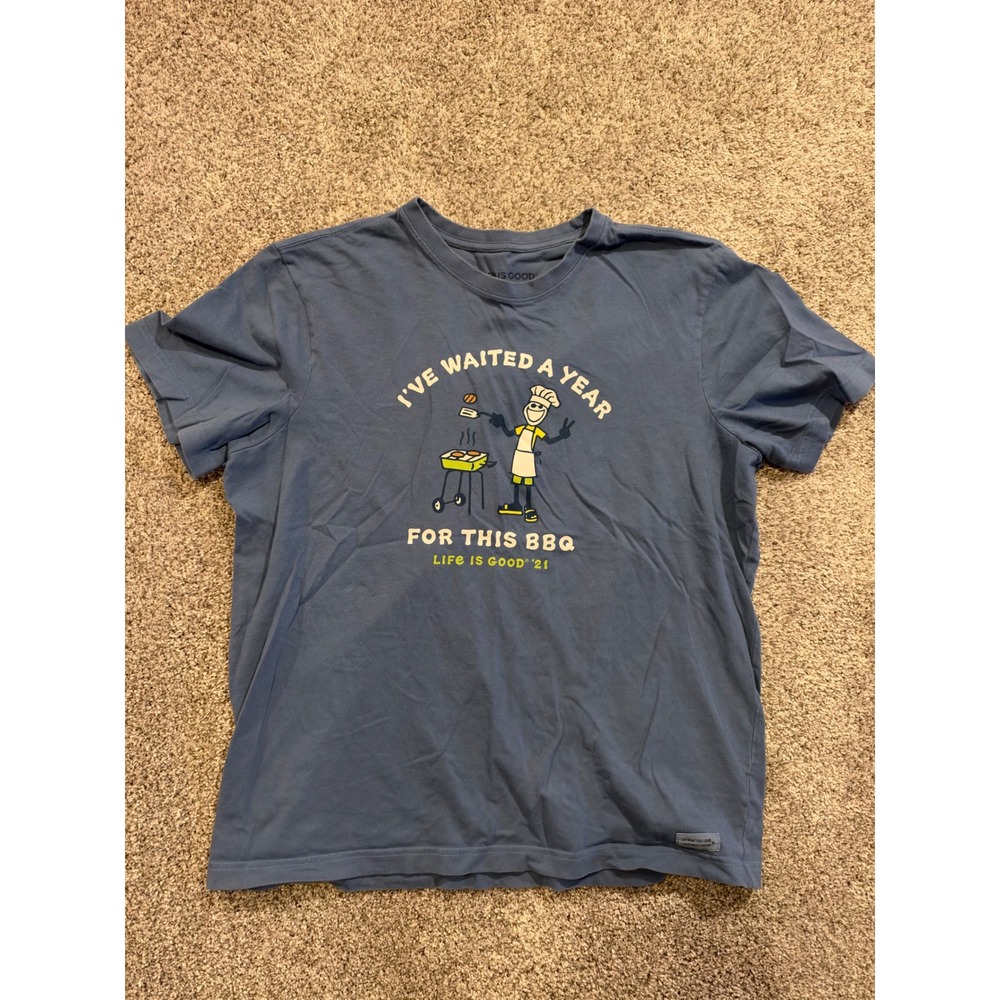 Life is Good T-Shirt Mens L Blue BBQ Jake Crusher Tee Short Sleeve Graphic Tee